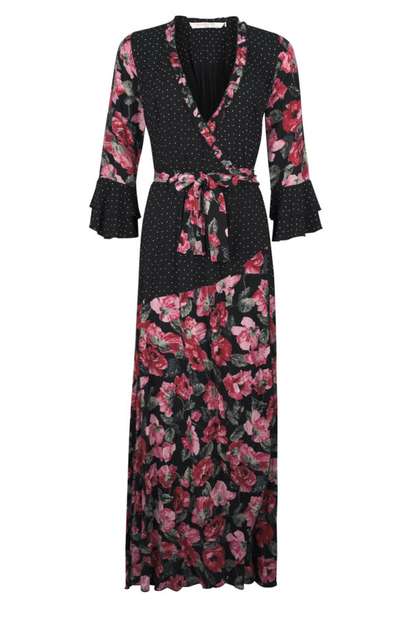 Long Wrap Dress Flamingo Flower Polkadot – Black – Isla Ibiza Bonita