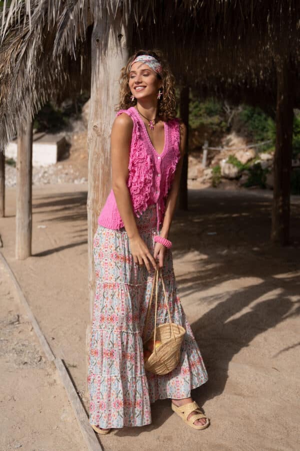 Short Knitted Fringed Gilet Nuno Summer - Pink