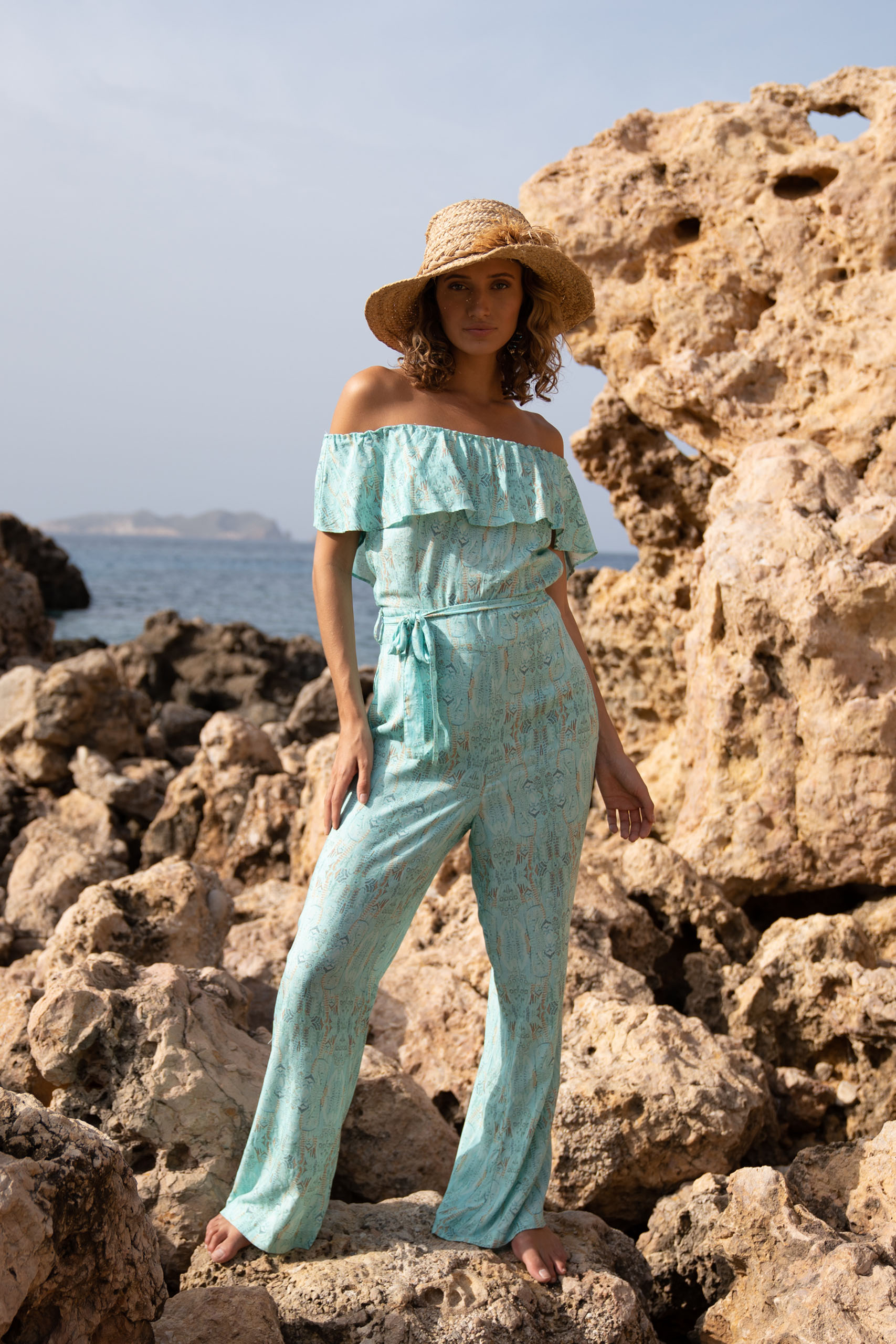 Off Shoulder Jumpsuit Power of Feathers – Turquoise