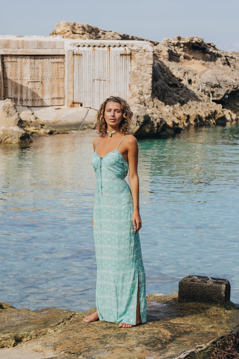 Long Sleeveless Dress Flowers Sea – Turquoise
